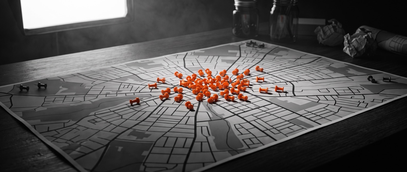 A metro map covered in spreading orange pushpins